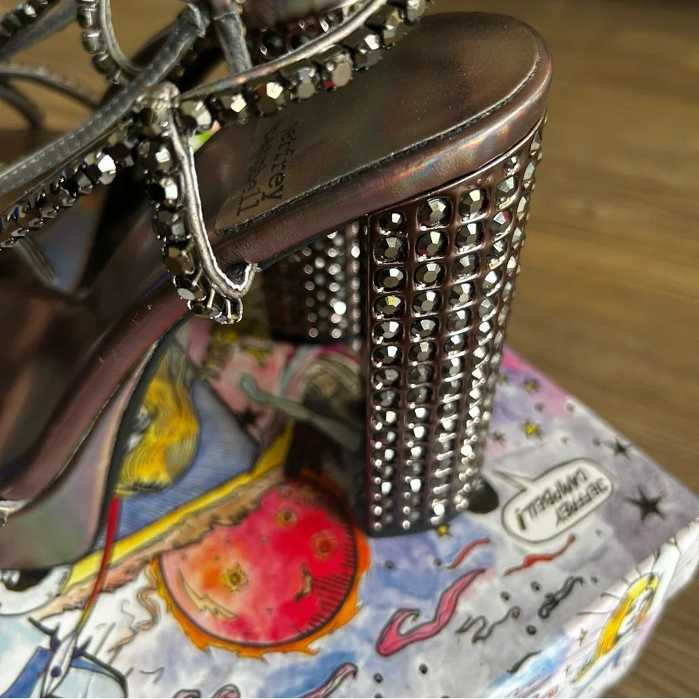 Jeffrey Campbell Metallic Strappy Platform Rhinestones Heels Sandals. Size 7